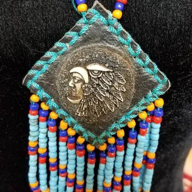Native American necklace beaded vintage Indian Chief head pendant, 1970s 