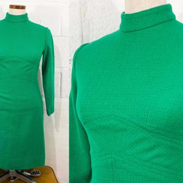 Vintage Kelly Green Scooter Dress A-Line Emerald Mod MCM 1960s 60s Design Long Sleeve Mockneck Mock Neck XS Small 
