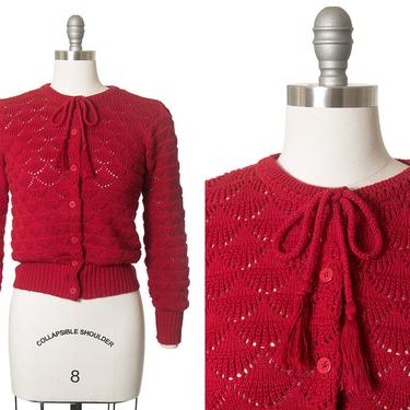 Vintage 1980s Cardigan | 80s PIERRE CARDIN Red Open Knit Tassel Bow Ties Sweater Top (small/medium) 