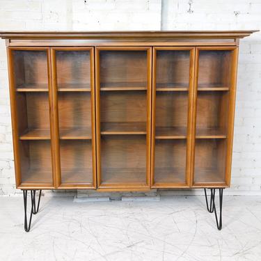 Vintage bookcase storage display cabinet on hairpin legs with 3 doors | Free delivery in NYC and Hudson Valley areas 