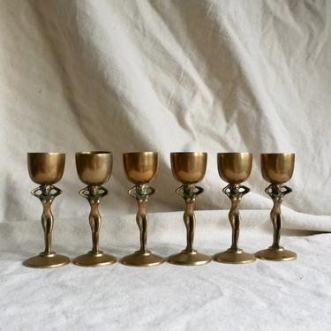 S/6 1940's Art Deco Style Brass Nude Femme Cocktail Cordial Set