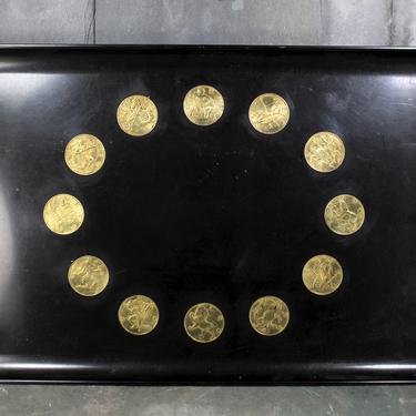 Couroc of Monterey Zodiac Tray, Circa 1960s - 18&amp;quot; Black Resin Tray with Inlaid Brass/Brass-Toned Zodiac Coins | FREE SHIPPING 