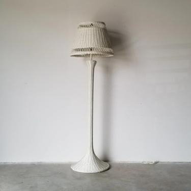 Vintage Palm Beach Style White Wicker Floor Lamp and Shade 