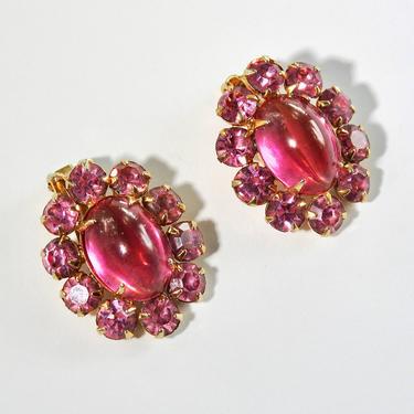 1960s Weiss Pink Glass Cabochon and Pink Rhinestone Earrings 