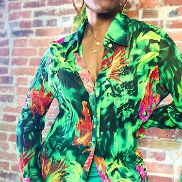Vintage 1990s 00s Y2k Sheer Blouse Jungle Floral Escada Neon Psychedelic  Pleated Chiffon Button Front Long Sleeve Point Collar Top Shirt 