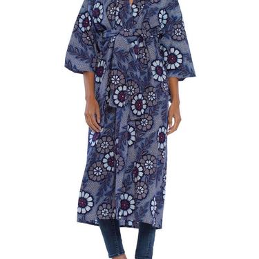 1970S Indigo Blue Japanese Shibori Print Cotton Kimono With Sash Belt 