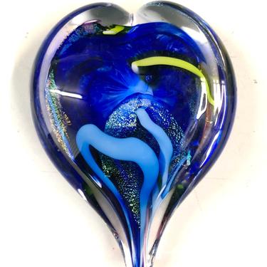 Blue Dichroic Iridescent Heart Shaped Art Glass Paperweight 