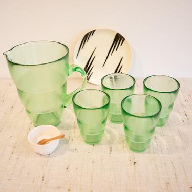 Set of 4 Vintage Wavy Thick Green Glasses with Pitcher 