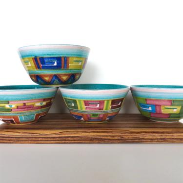 Set of 4 Colorful Ibarra La Paz Mexico Ceramic Cereal Soup Bowl, Vintage Southwestern Geometric Pattern Pottery Stacking Bowls 
