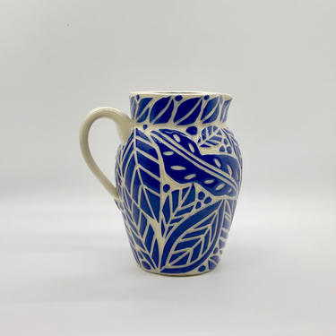 Blue Leaf Sgraffito Pitcher Small