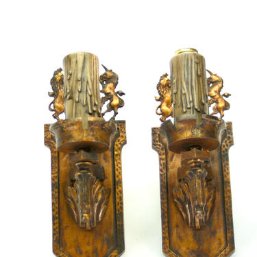 Pair of 1920s Tudor Sconces with Unicorns in Painted Bronze with Original Finish SHIPPING INCLUDED 