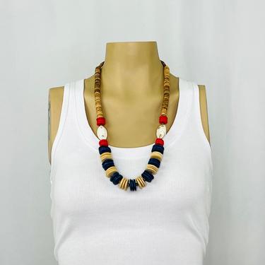 Vintage 1980s Blue Red and Natural Flat Beaded Necklace with Shell Accents 