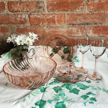 Pink glassware: Swirl fruit bowl and wine glasses - France; Divided dish & candy/whatnot dish - Depression glass