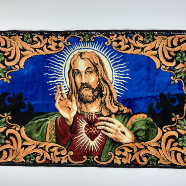 1960'S-70'S Jesus Tapestry - Wall Hanging - Prayer Rug with Sacred Heart - Vivid Colors - Plush Pile - Cotton Rayon Blend - From Lebanon 
