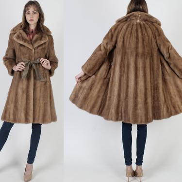 Vintage 60s Autumn Haze Mink Fur Coat, Large Fur Back Collar Pockets Coat, Margot Tenenbaum Honey Color Natural Belted Opera Jacket 