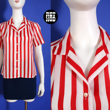 Comfy Cool Vintage 70s 80s Red &amp; White Stripe Short Sleeve Lightweight Blouse 