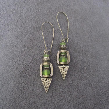Green sea glass earrings, boho chic earrings, tribal ethnic earrings, bold long bronze earrings, unique artisan earrings, bohemian lime 