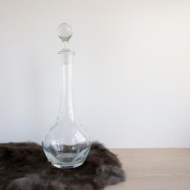 Tall Vintage Decanter with Glass Stopper | Large Clear Etched Glass Bottle with Topper | Vintage Barware 