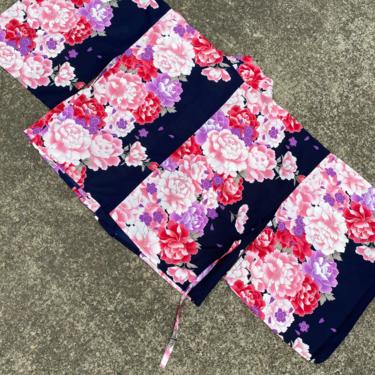 Beautiful Japanese floral Kimono jacket~ short cropped~ layering tunic~ botanical colorful bold print~ pink peonies 