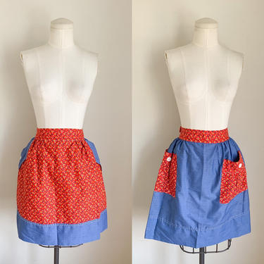 vintage 1960s Red &amp; Blue Calico Reversible Apron 