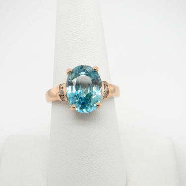 Vintage Stunning 6.7 Ct Blue Oval Zircon Diamond Ring 14k Rose Gold Color Sz 7.75 w/ Appraisal 