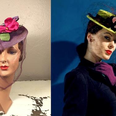 Make a Perfect Picture - Vintage 1940s Lilac Straw Perch Tilt Fuchsia Floral Hat w/Matching Veil 