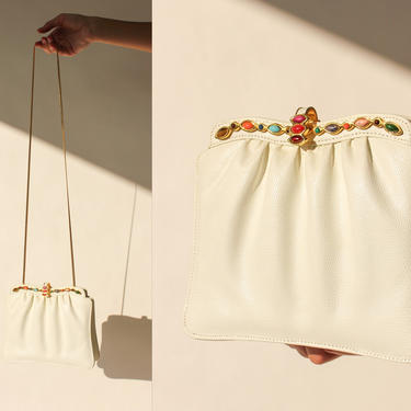 Vintage 1970s Cleopatra White Leather, Gold and Stone Encrusted Snap Clasp Transitioning Clutch Shoulder Bag | Art Deco | 1970s Boho Purse 