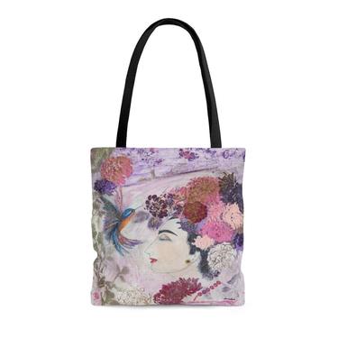 Floral Portrait AOP Tote Bag ~ Original Floral Art ~ Women's Portrait ~ Floral Beach Bag ~ Boho Chic Beach Bag 