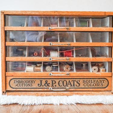J&amp;P Coats Cottons Sewing Wood  Spool Cabinet with 5 Drawers, Weighted Glass Front Panels and Original Metal Hardware 
