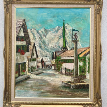 Swiss Alps Village Oil Painting in Ornate Gold Frame
