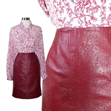 Vintage Leather Skirt, Medium / Red Ostrich Embossed Skirt / 1990s Cranberry Red Leather Pencil Skirt / Short Tight Straight Leather Skirt 