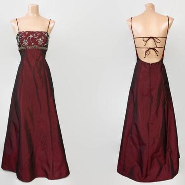 VINTAGE 90s Red Iridescent Taffeta Cocktail Prom Dress | 1990s Beaded & Sequined Formal Gown | 90's Party Slip Dress | Morgan and Co. 9/10 