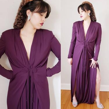 RARE 1940s Silk Jersey Purple Dress Evening Gown Marguerite Alain / 40s Designer Jumpsuit Hostess Dress Long Sleeved Art Deco / L 