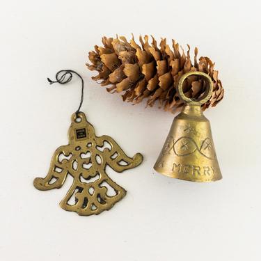 2 Brass Christmas Ornament Decor, Brass Bell Etched Merry Christmas and Brass Cut Out Angel Tree Ornament, Made in India 