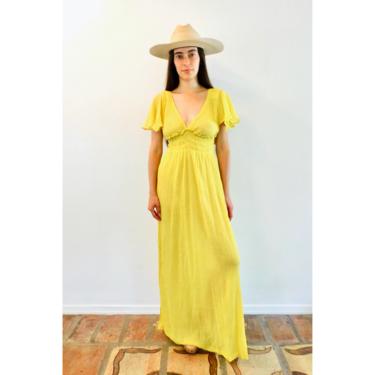Indian Gauze Dress // vintage boho cotton sun maxi hippie hippy yellow 70s 1970s gauze caftan kaftan // S/M 