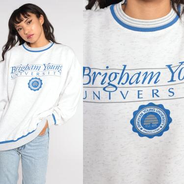 BYU Sweatshirt 80s Sweatshirt College Brigham Young University Shirt Pullover Ringer Sweatshirt Jumper 90s Blue Vintage Grey Extra Large xl 