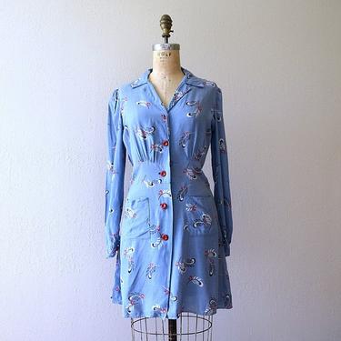 Early 1940s dress . vintage 40s feather print tunic 