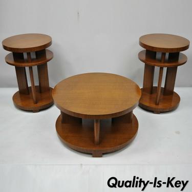 Vtg French Art Deco Round Mahogany 3 Pc Coffee End Table Set After Gilbert Rohde