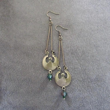 Long crystal and bronze earrings, mid century modern earrings, minimalist earrings, simple unique artisan earrings, green gypsy earrings 