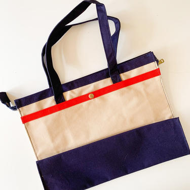 Vintage 1980s Beige, Navy and Red Canvas Tote 