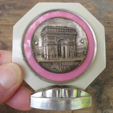 1920's Paris Arc De Triomphe Souvenir Medallion On Stand, Art Deco Design, Vintage Paris Chic Signed By Artist 