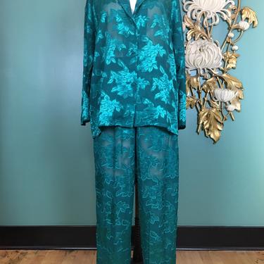 1980s pajamas, Victorias secret, vintage pjs, sleepwear, emerald green, pants and top, sheer burn out, loungewear, medium, covid chic, 34 36 