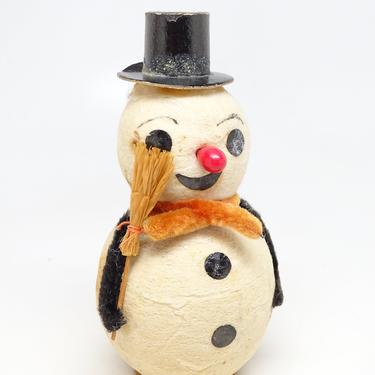 Vintage Spun Cotton Snowman with Broom for Christmas, Black Top Hat, Antique Retro Holiday Decor 
