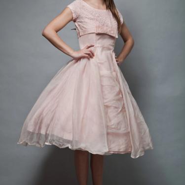 vintage 1950s new look cupcake organza party dress pink bow lace cap sleeves prom full skirt MEDIUM M 