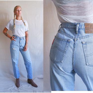 Vintage 90s Distressed Light Wash Denim/ 1990s High Waisted Straight Leg Worn In Jeans/ Size 30 