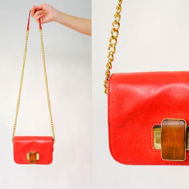 Vintage Badgley Mischka Cherry Red Leather Gold Mini Crossbody Bag w/ Brass & Wood Turning Clasp | Neiman Marcus | 2000s Y2K Designer Purse 