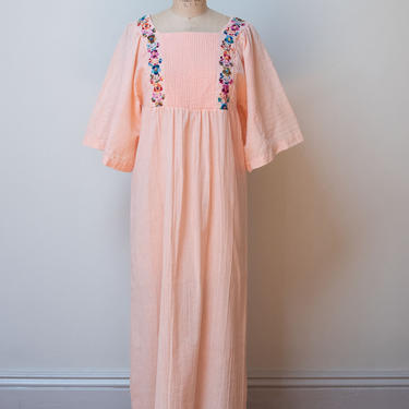 1970s Peach Gauze Dress / 70s Embroidered Wide Sleeve Caftan 