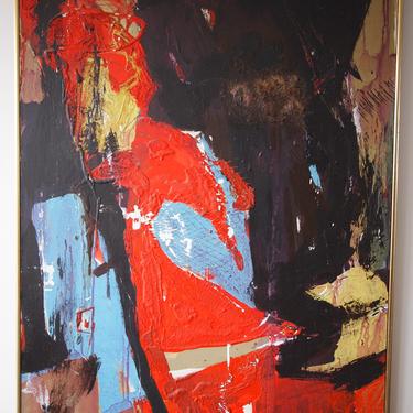 Original Vintage SHIRLEY KRAUS Abstract PAINTING 40x28&amp;quot; Oil / Canvas Large Expressionist Art, Mid-Century Modern mixed media eames knoll era 
