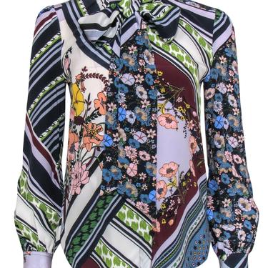 Tory Burch - Multi-Patterned Floral Silk Tie Neck Blouse Sz 00