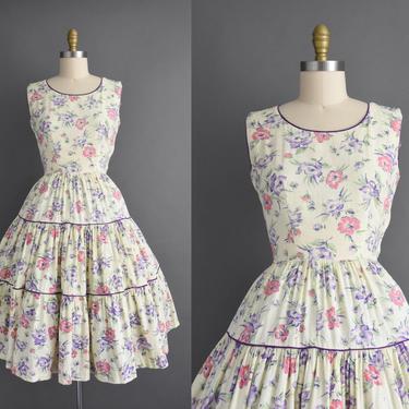 1950s vintage dress | Gorgeous Purple &amp; Pink Floral Print Sweeping Full Skirt Summer Cotton Dress | Medium | 50s dress 